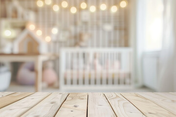 Blurred children's room with a wooden table top and baby crib in the background, space for product display or montage of your products. Background with bokeh lights for decoration, interior design.