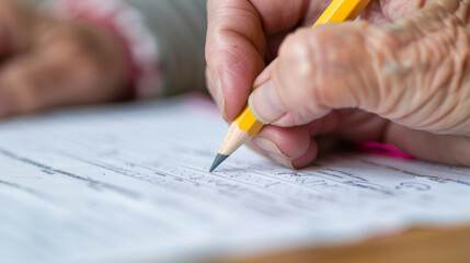 Two hands are marking notes on a musical score with pencils.