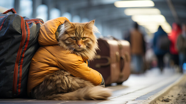 the cat is sitting with his back to the train station with suitcases and waiting for the train