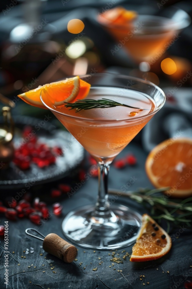 Poster a glass filled with a drink on a table, suitable for various concepts