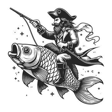 Pirate captain riding fish sketch engraving generative ai vector illustration. T-shirt apparel print design. Scratch board imitation. Black and white image.
