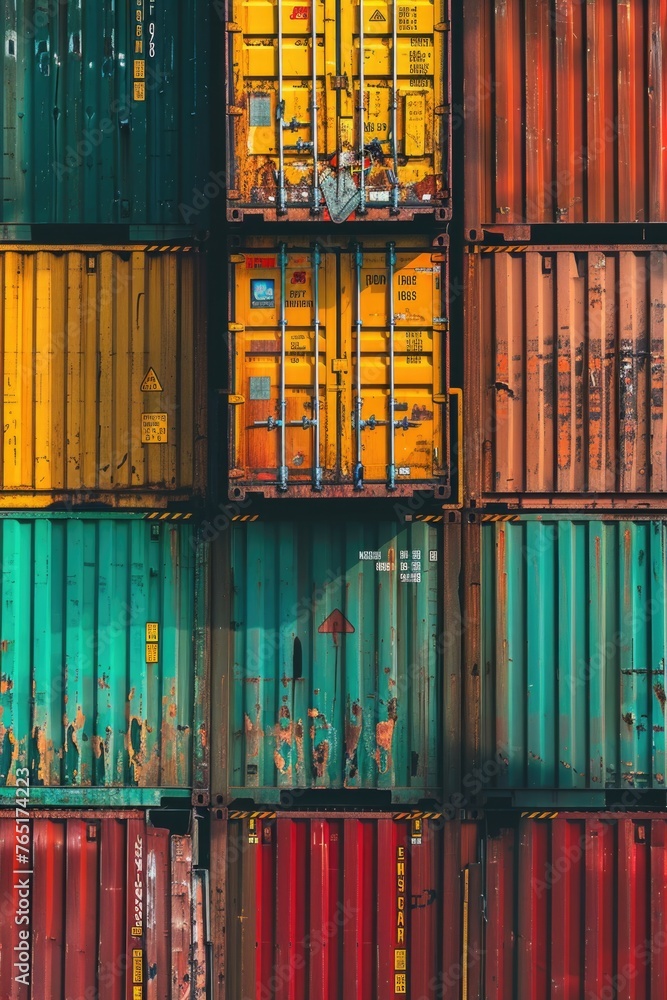 Poster colorful containers stacked on top of each other. perfect for industrial or storage concepts