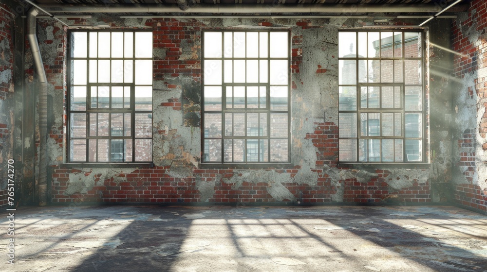 Poster A simple image of an empty room with windows and a brick wall. Suitable for interior design concepts
