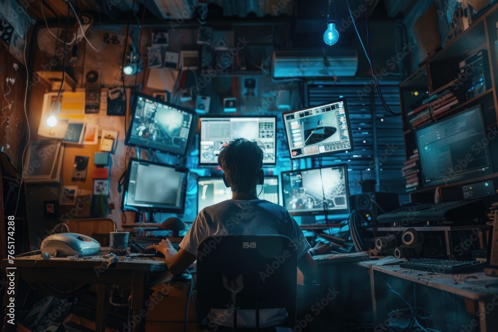 Aufkleber A man sitting at a desk with several computer monitors. Perfect for technology or office related projects