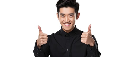 Capture of a male individual dressed in a black top signaling approval by extending his thumb upwards