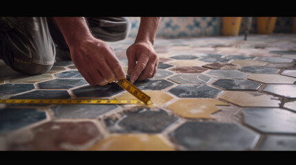 Fototapeta na wymiar Hands are precisely measuring and laying patterned tiles on a floor.