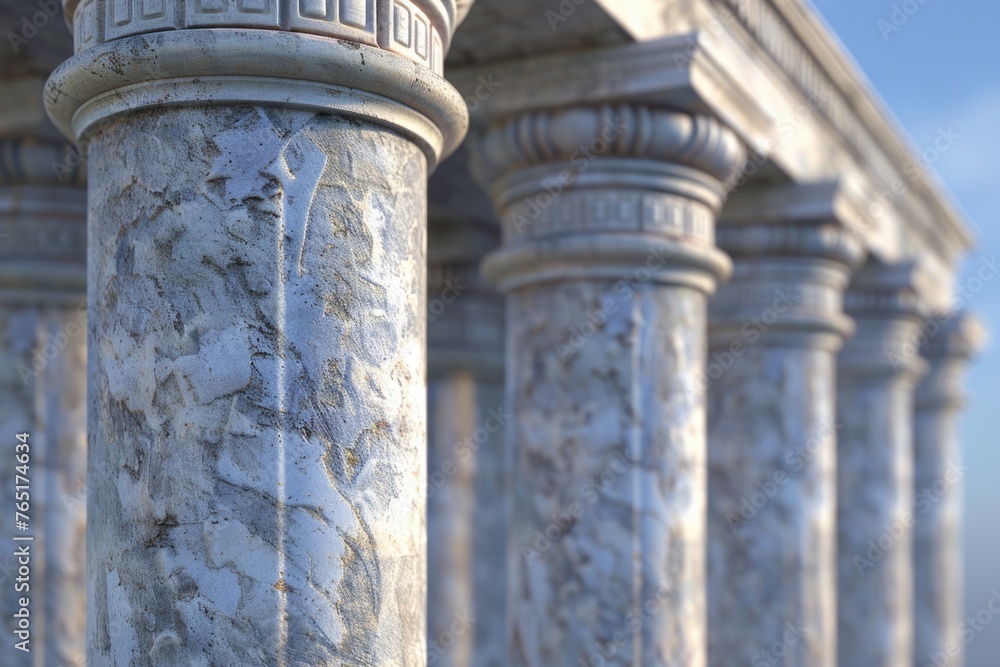 Poster A close up of a row of columns with a sky background. Ideal for architectural and historical concepts