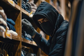 Person in a black hoodie browsing through clothes on a shelf. Suitable for retail and fashion concepts