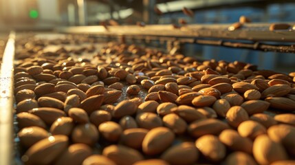 A conveyor belt filled with nuts, suitable for industrial or manufacturing concepts - obrazy, fototapety, plakaty