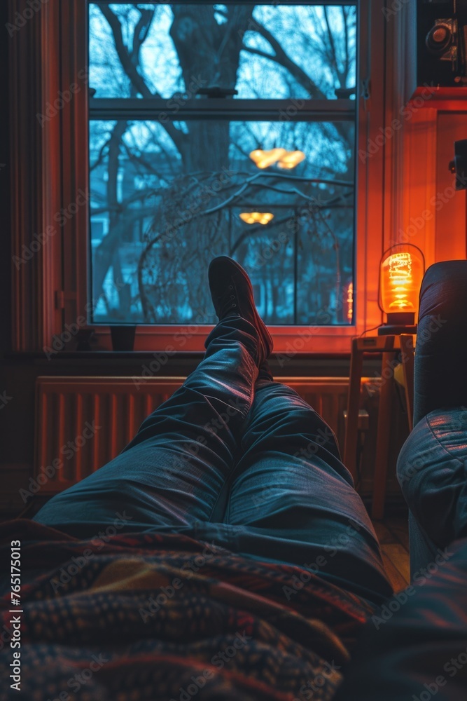 Poster A person relaxing on a bed in front of a window. Suitable for lifestyle and relaxation concepts