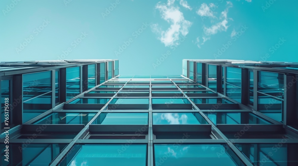 Poster a tall glass building with a blue sky in the background. suitable for architectural and urban design