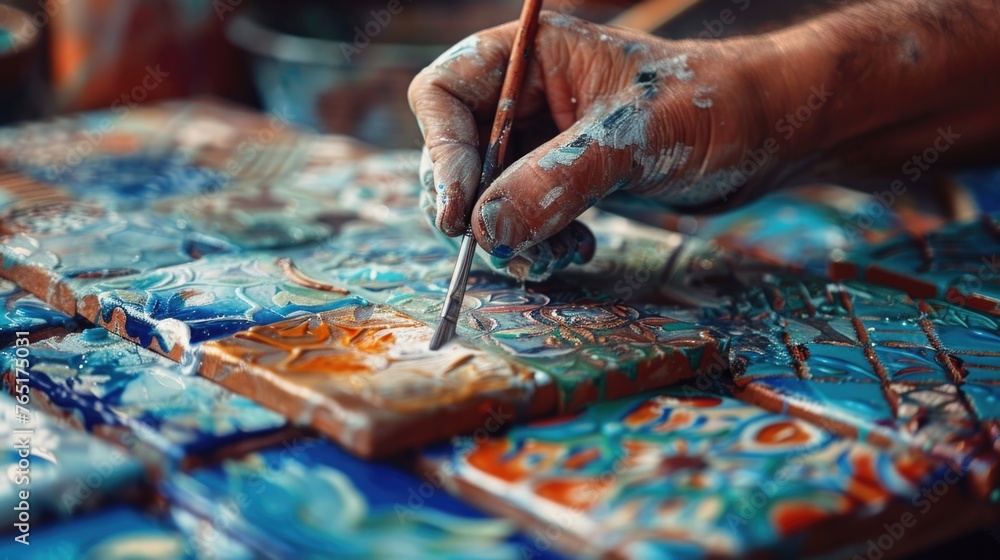 Poster close up of a person painting on a tile. suitable for art and creativity concepts