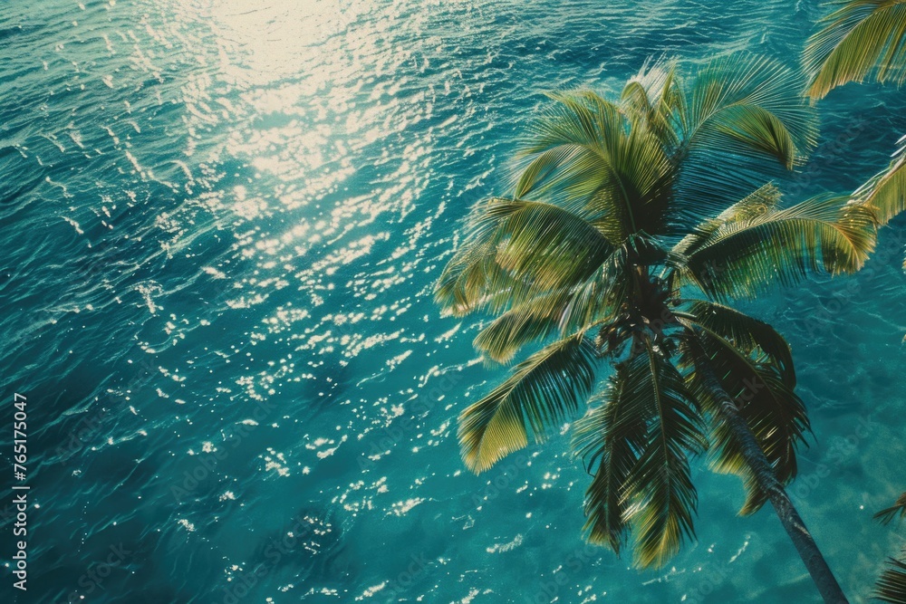Poster two palm trees standing in front of a body of water. suitable for travel and tropical themes