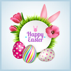 Vector Illustration of Happy Easter Holiday with Painted Egg, Rabbit Ears and Flower on Shiny Blue Background. International Celebration Design with Typography for Greeting Card, Party Invitation