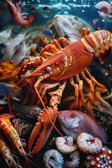 A collection of lobsters and other fish in a tank. Suitable for seafood industry promotions