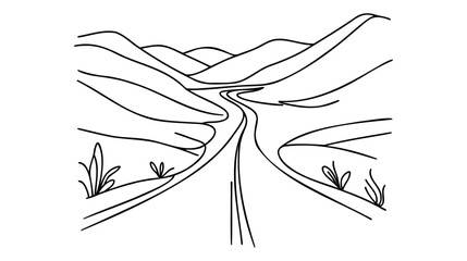 Rural landscape continuous one line vector drawing. Hills, house, trees and road hand drawn silhouette. Country nature panoramic sketch.