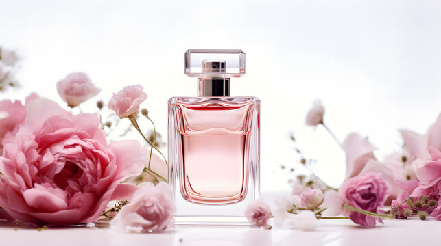 feminine perfume with flowers on white background