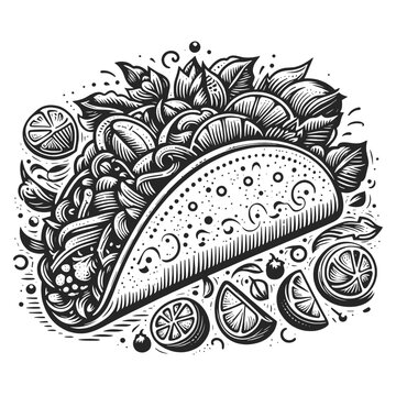 taco surrounded by ingredients and sauces, highlighting Mexican cuisine sketch engraving generative ai vector illustration. Scratch board imitation. Black and white image.