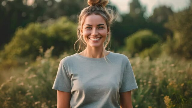 Smiling young woman in a casual grey t-shirt standing in a field. Natural light portrait with a bokeh background.