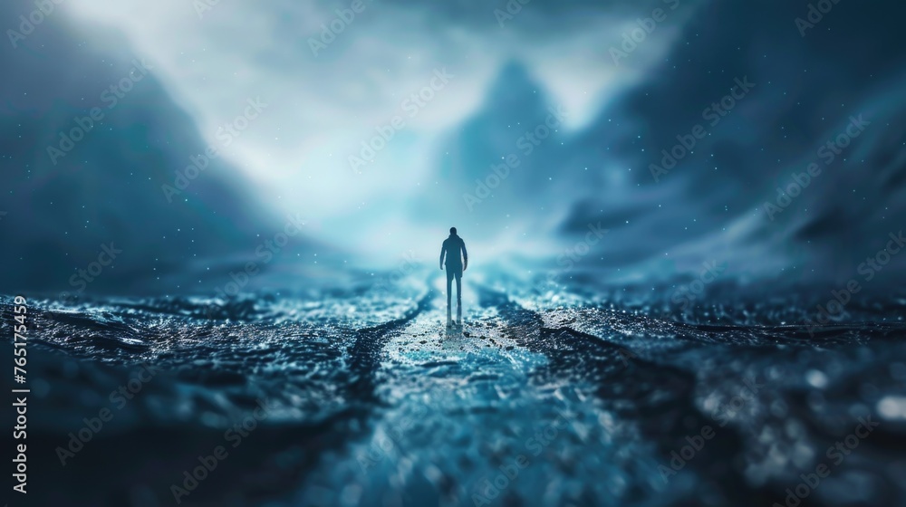 Poster a person standing in the middle of a body of water. suitable for various concepts and designs