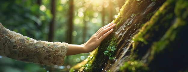 Touching the Bark of a Tree in a Sunlit Forest. Female hand caresses bark of old trunk in a serene woodland in spring day. Panorama with copy space. - obrazy, fototapety, plakaty