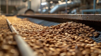 A conveyor belt filled with various nuts. Great for illustrating manufacturing or food industry concepts
