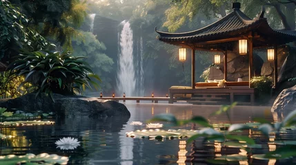Tuinposter Gazebo Overlooking Pond With Waterfall © sandsun