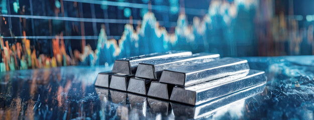 Silver Bars on Financial Chart. Shiny bullion stacks over dynamic market display. Panorama with copy space.