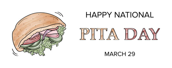 Horizontal banner for National Pita Day March 29 with watercolor and white background, a vector doodle art