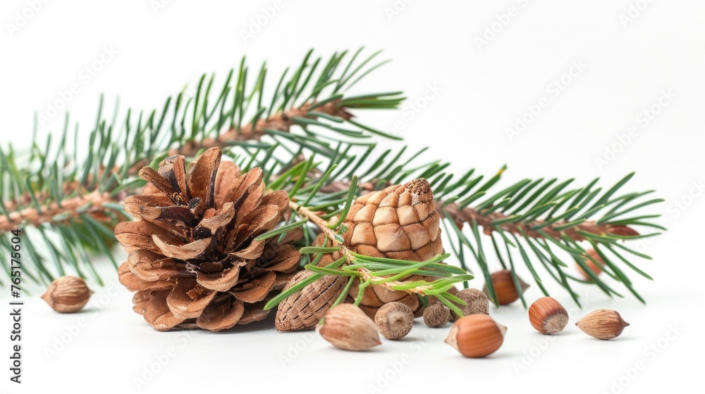 Poster Close-up of a pine tree branch with nuts and a pine cone. Ideal for nature and Christmas themes