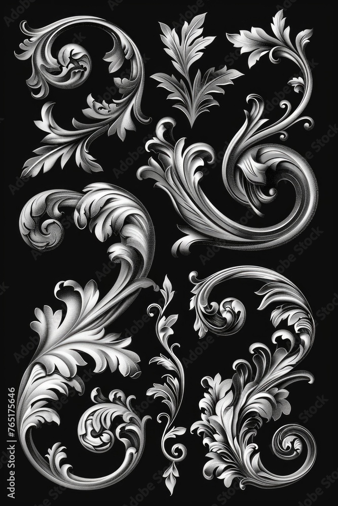 Aufkleber elegant silver scrolls on a dark backdrop. ideal for luxury and sophisticated design projects