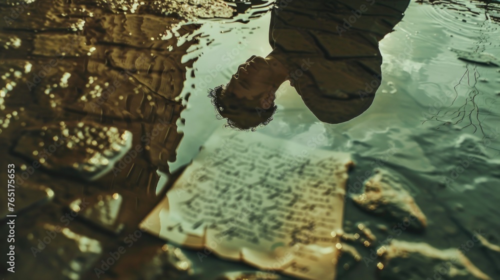 Poster a person standing in a puddle of water, suitable for various concepts and designs