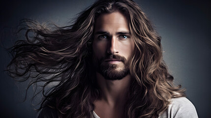long haired man looking at camera, portrait of long haired man