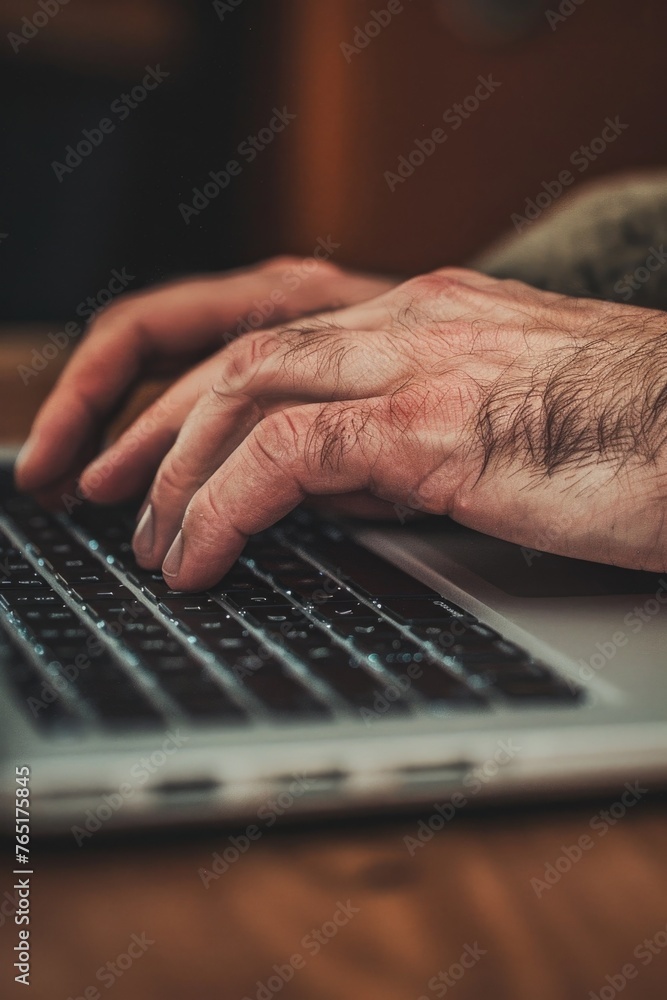 Poster close up of a person typing on a laptop. suitable for technology concepts