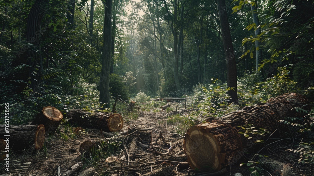 Poster a forest filled with lots of trees and logs. suitable for nature and outdoor themes