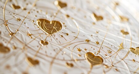 Close up of the details on an astrological chart with little hearts drawn in gold ink, white background, simple