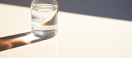 A glass filled with water is placed on a table, creating a shadow with the natural light source