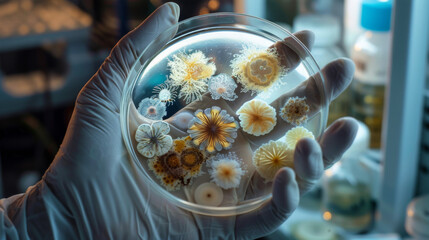 A gloved hand holding a petri dish with various bacteria cultures visible against a blue background.