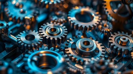 Close-up of Bronze and Blue Gears, Concept of industrial technology, machinery and engineering design