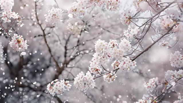 Cherry blossoms in full bloom with snowflakes on a blurred background