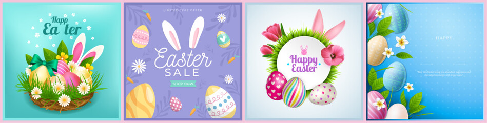 Happy Easter Set, Happy Easter rabbit, Easter Bunny, Egg Easter, Painted Egg, Rabbit Ears and Flower, Vector illustration.