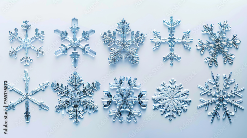Poster delicate snowflakes with intricate designs are showcased up close, revealing the unique patterns of 