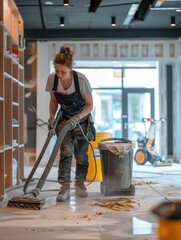 A professional cleaning scene where a woman is vacuuming the floor after what appears to be a renovation, indicating post-construction cleanup