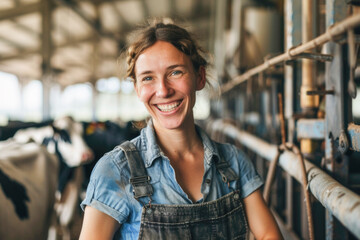Fototapeta premium A smiling female farmer standing proudly in a cowshed at a dairy cow farm, possibly to underscore the human element in agriculture and the care given to livestock