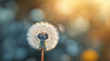 A single dandelion seed detaching at sunset with a soft-focus background