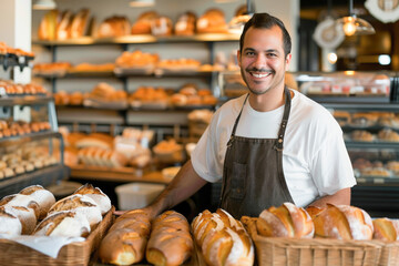 A smiling man, likely a baker or salesperson, standing in a bakery with an array of fresh bread and pastries on display, suggesting a warm, welcoming small business environment