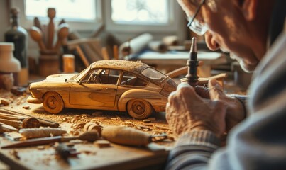 A craftsman meticulously carves a wooden replica of a classic car, showcasing artistry and tradition in craftsmanship. - obrazy, fototapety, plakaty