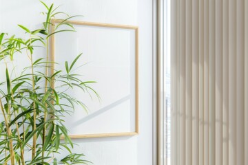 Bamboo plant beside a blank picture frame on a white wall in a sunny room