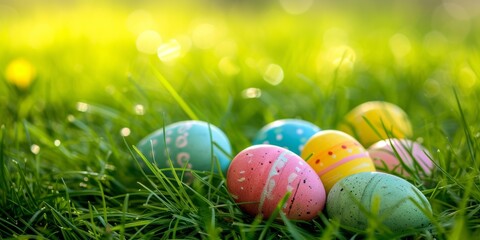 Colorful Easter eggs hidden among vibrant green blades of grass, illuminated by sunlight