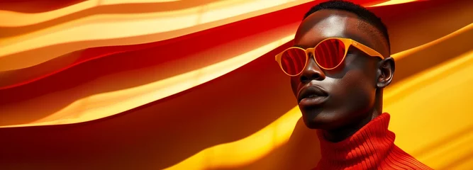 Foto auf Leinwand a young black man wearing glasses against a vibrant orange and yellow backdrop with copy space. © Pixel Paradigms